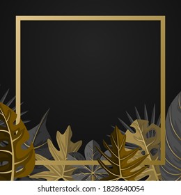 Square Golden Tropical Plant Summer Leaf Border Frame Background