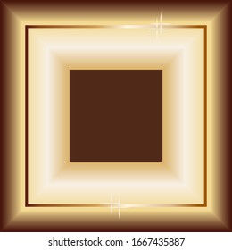 Marco ancho cuadrado dorado. Efectos de brillo, brillo y iluminación de metal degradado. El centro es un lugar para el texto. Ilustración vectorial para tarjetas de felicitación de diseño, saludos, volantes.