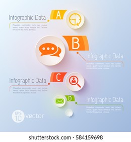 Square gradient background with round infographic data application icons with editable text captions divided in chapters vector illustration