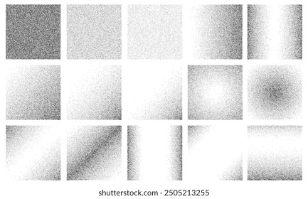 Square gradient noise grain vector textures. Black white dotted grainy abstract square shapes with faded gradation of noise grain, grunge dotwork or stipple effect. Dotted halftone geometric figures