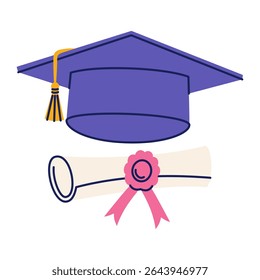 Square Graduate Hat and Diploma Scroll. Graduate College, High School or University Cap. Flat Education Icon. Vector Illustration Isolated on White Background