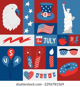 Square graphic poster with national symblos of USA independence day. Geometric greeting card for 4th of July. Patriotic elements in flat cartoon style. Retro vintage colors. Vector illustration.