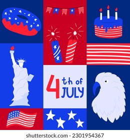 Square graphic poster with national symblos of USA independence day. Geometric greeting card for 4th of July. Patriotic elements in flat cartoon style. Bright color vector illustration