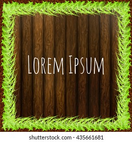 Square grass frame with copy-space on wooden background, vector illustration.