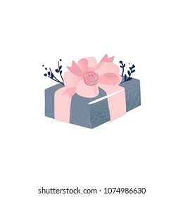 Square gray gift box with pink ribbon and large beautiful bow isolated on white background. Cartoon wrapped present package for greeting or congratulation card.