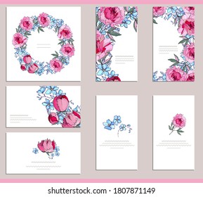 Square greeiting card with different floral elements for festive and season design