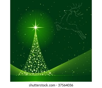 Square green background for Christmas showing a Christmas tree made of stars and the silhouette of a reindeer in the sky. 6 Global colors, blends. Artwork grouped and layered.