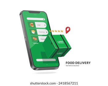 Square green backpack for carrying food to send to customers of food delivery service providers. Appears in front of a smartphone with a delivery application template on screen, vector 3d isolated