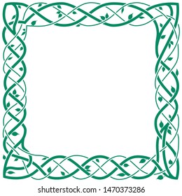 Square green celtic frame with ivy leaves.