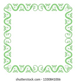 Square green Celtic frame with a pattern of leaves.