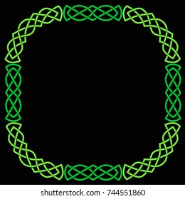 Square green Celtic frame with rounded corners. Vector isolated image on a black background.