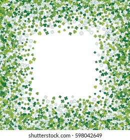 Square green frame, border or background of random scatter clover leaves. Elegant St. Patricks day design for festive banner, greeting card, postcard, invitation, flyer, poster. Vector illustration.