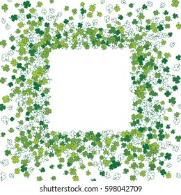 Square green frame, border or background of random scatter clover leaves with tails. Elegant St. Patricks day design for festive banner, greeting card, postcard, flyer. Vector illustration.