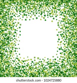 Square green frame or border of random scatter transparent clover leaves with tail. Elegant St. Patricks day design for festive banner, greeting card, postcard, invitation, flyer. Vector illustration.