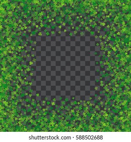 Square green frame or border of random scatter transparent clover leaves. Elegant St. Patricks day design for festive banner, greeting card, postcard, invitation, flyer, poster. Vector illustration.