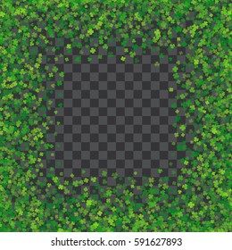 Square green frame or border of random scatter transparent clover leaves with tail. Elegant St. Patricks day design for festive banner, greeting card, postcard, invitation, flyer. Vector illustration.