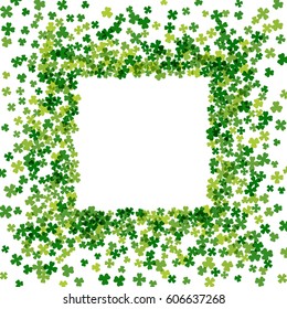 Square green frame or border of random scatter transparent clover leaves. Elegant St. Patricks day design for festive banner, greeting card, postcard, invitation, flyer, poster. Vector illustration.