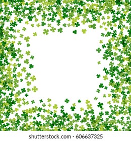 Square green frame or border of random scatter transparent clover leaves. Elegant St. Patricks day design for festive banner, greeting card, postcard, invitation, flyer, poster. Vector illustration.