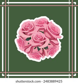 square green frame made of stripes with a green background with pink roses in the center