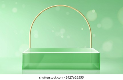 Plataforma cuadrada de vidrio verde con arco dorado. Ilustración vectorial realista de podio de plástico transparente, presentación de productos de lujo, decoración de arco de metal amarillo, maqueta de escenario con superficie brillante