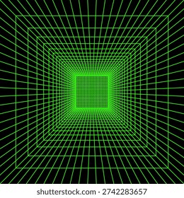 Square green neon 3D wireframe in perspective on black background. Room, portal or studio grid texture in futuristic cyberpank style. Techno, metaverse or virtual reality space. Vector illustration.