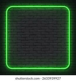 Square green neon frame on brick background mockup for social media