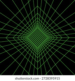 Marco de neón verde cuadrado en perspectiva sobre fondo negro. Estructura de la cuadrícula de la habitación, del pasillo o del estudio. Metaverso, realidad virtual, espacio futurista o tecno, malla de juegos de arcade. Ilustración vectorial.