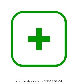 Square green plus sign line icon, button, add, positive symbol on white background