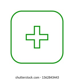 Square green plus sign thin line icon, button, add, positive symbol on white background