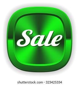 Square green sale button on white background