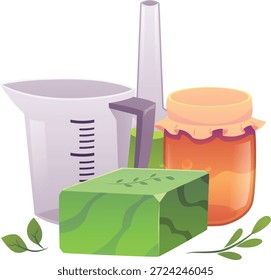 Jabón verde cuadrado con equipo de preparación y almacenamiento. Taza de medición, frasco, frasco. Ingredientes para la fabricación de jabón. Cuidado del cuerpo. Producto orgánico. Ilustración plana de Vector. Fondo aislado.