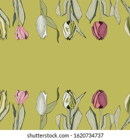 Square green spring background with tulips.
Festive decoration. Garden Ecology Concept Detailed Background Illustration. Easter banner.