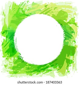 Square green vector background with round frame for text. Abstract vector brush strokes.