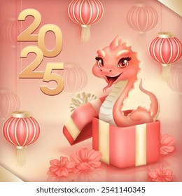 Square greeting card with 3d cute pink snake pops out of a gift box, celebrating 2025, Lunar Year of the Snake, with red Chinese lanterns and plum blossoms on a soft peach background