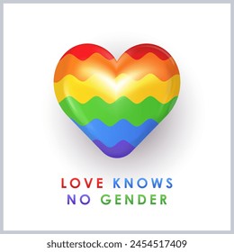 Tarjeta de felicitación cuadrada con corazón de arco iris hinchado 3d y texto para la celebración del mes del orgullo sobre fondo blanco. Afiche, Anuncio, volante con la bandera LGBTQ en forma de corazón con texto - El amor no sabe de género