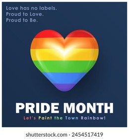 Quadratische Grußkarte mit 3D-geschwollenem Regenbogenherz und Text für Pride Month Feier auf dunkelblauem Hintergrund. Poster, Banner mit LGBTQ+ Fahne in Herzform als Symbol für Liebe, Akzeptanz, Vielfalt