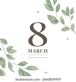 Square Greeting Card 8 March with Watercolor Botanical Green Elements. Vector Template