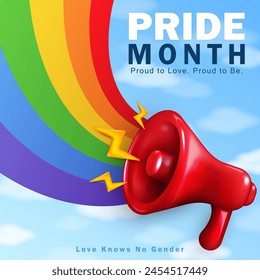 Square greeting card or banner with colorful LGBTQ+ rainbow flag and 3d red megaphone announcing start of the Pride Month. Poster with realistic loudspeaker and rainbow in soft blue sky with clouds