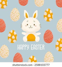 Square greeting card or banner for Easter. Adorable bunny surrounded by painted eggs. Baby hare. Celebration of Christian holiday. Warm cozy drawing. Vector illustration.