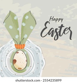 Square greeting card, cover, "Happy Easter" poster. An Easter egg in an elegant napkin, rolled up like a bunny, lies on a vintage plate. A pastel palette. Hand drawn vector illustration