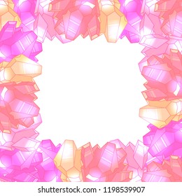 Square greeting card with cute multicolored pink crystals with highlights. Vector cartoon template for cards, invitation, banners and your creativity.