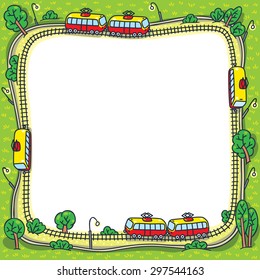 Square greeting card or design template with a vector picture of trams on the tram tracks and green areas