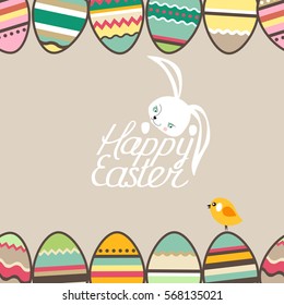 Square greeting card with eggs,rabbit and calligraphy phrase Happy Easter