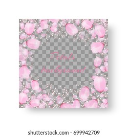A square greeting card with falling petals of cherry blossoms for a romantic decoration for St. Valentine's Day on a translucent backdrop