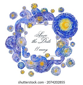 Square greeting card of glowing yellow moon on a starry sky isolated on white background. Vector illustration in the style of impressionist paintings.