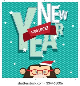 Square greeting card Good Luck New Year with monkey on cyan background