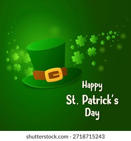Tarjeta de felicitación cuadrada Fondo verde con un clásico sombrero irlandés verde Volando tréboles de cuatro hojas. Diseño festivo del día de San Patricio Texto feliz del día de San Patricio, perfecto para tarjetas, publicaciones y promociones.
