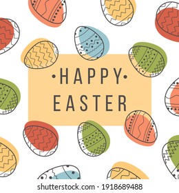 Square greeting card Happy Easter with decorated eggs on white background. Festive banner template with trendy outlined geometric pattern with black line on Easter Eggs. Flat Vector illustration.