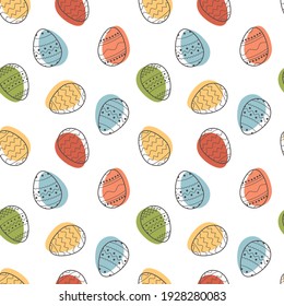 Tarjeta de saludo cuadrado Feliz Pascua con huevos decorados sobre fondo blanco. Plantilla de banner festivo con diseño geométrico de moda con línea negra en los huevos de Pascua. Ilustración del vector plano.