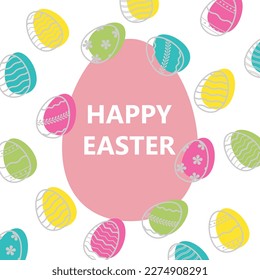 Square greeting card Happy Easter with decorated eggs on white background. Festive banner template with trendy outlined geometric pattern with grey line on Easter Eggs. Flat Vector illustration